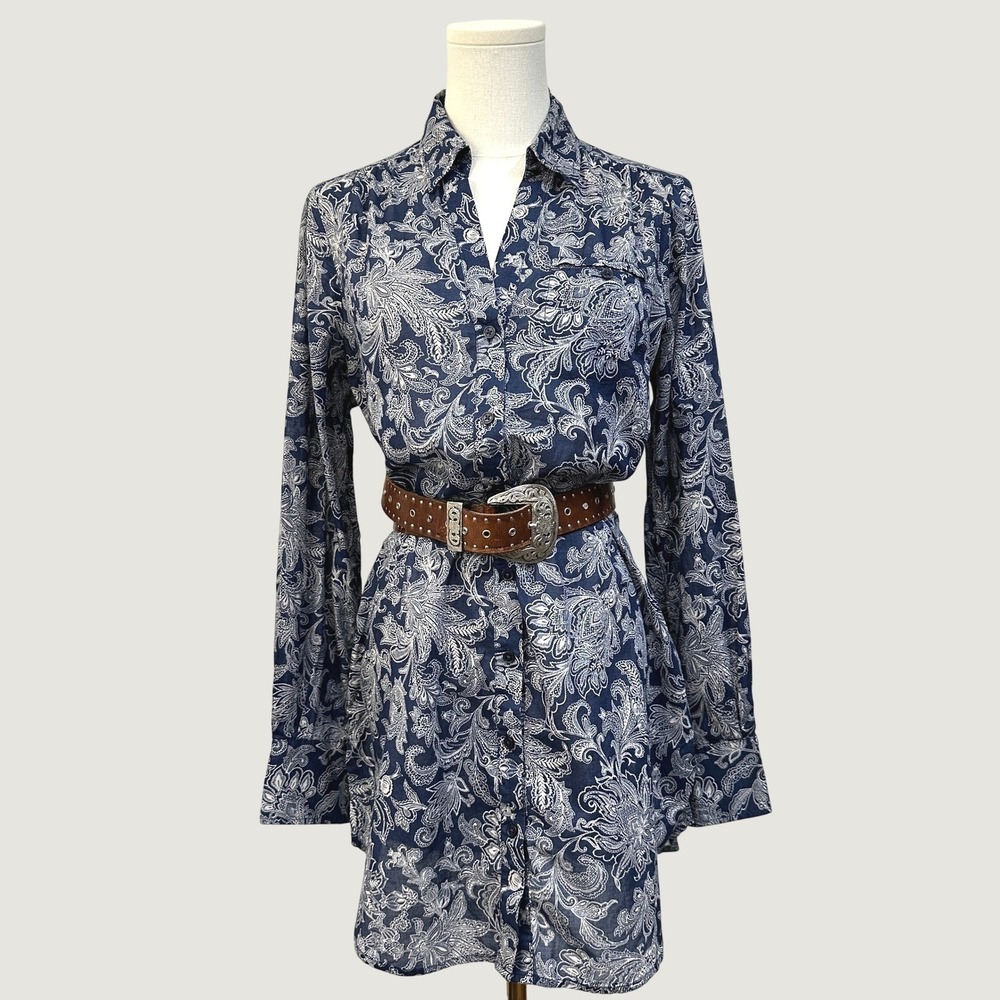 Paisley Cotton Button Front Shirt Dress M Navy Blue Tunic Coastal Boho Western